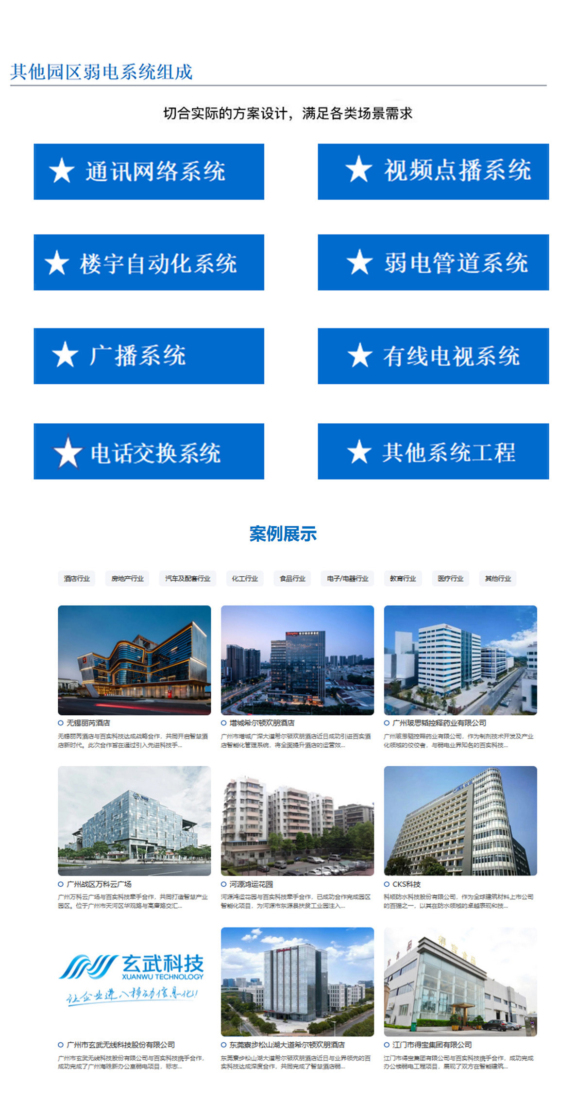 5科技園,工業園,商業園,產業園,農業園,物流園等園區訊通網絡系統，園區視頻點播系統,園區樓宇自動化系統,園區弱電管道系統,園區廣播系統，園區有無線電視系統,園區會議系統,園區電話交換系統等其他園區弱電系統，切合實際的方案設計，滿足各類場景需求